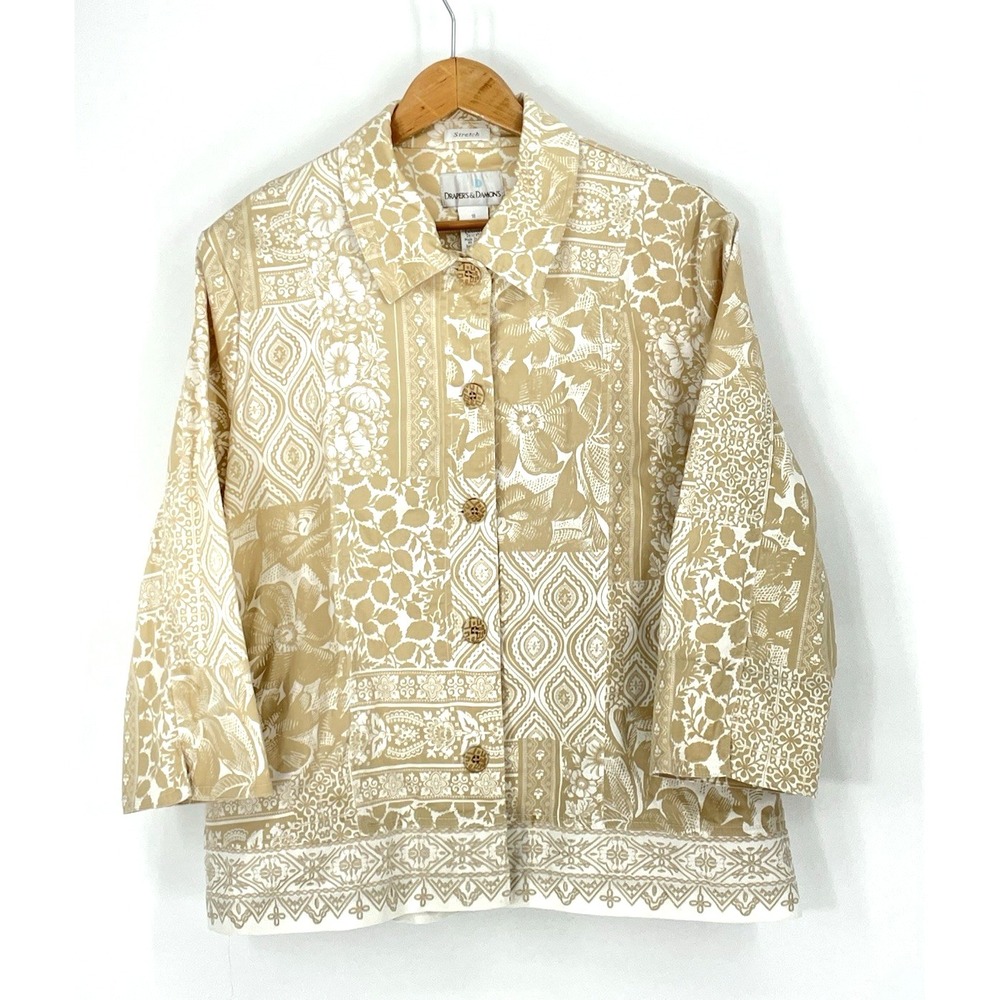 Drapers & Damons Blazer Women 18W Beige Floral Button Up 3/4 Slit Sleeve Pockets